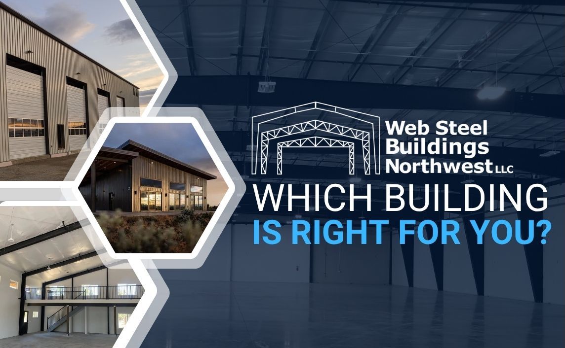 Banner for Web Steel Buildings Northwest with hexagon photos of metal buildings and the question 'Which Building Is Right For You?' on a dark warehouse background.